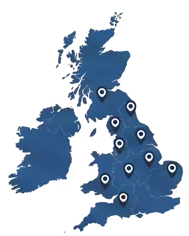 Map of the United Kingdom with location markers on a white background