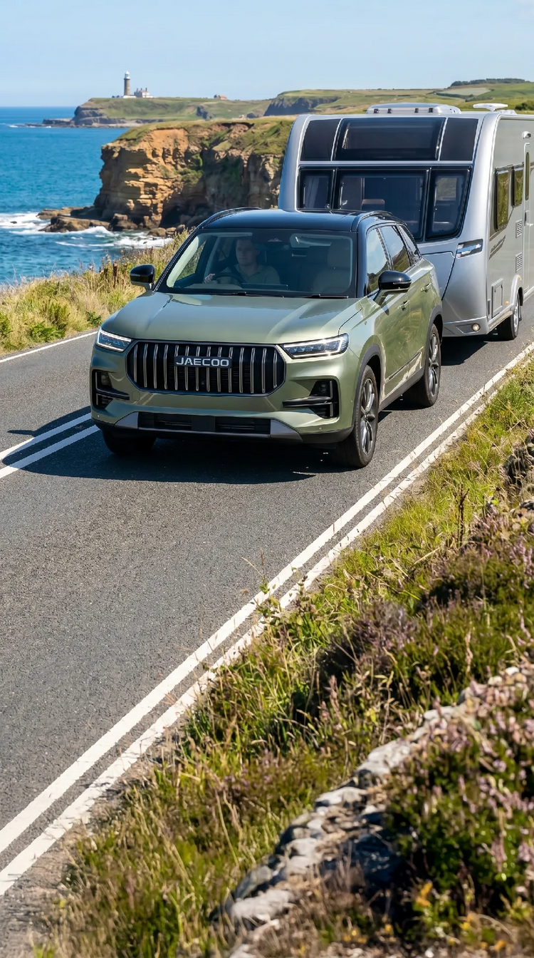 Green SUV towing a caravan  on a scenic coastal road.