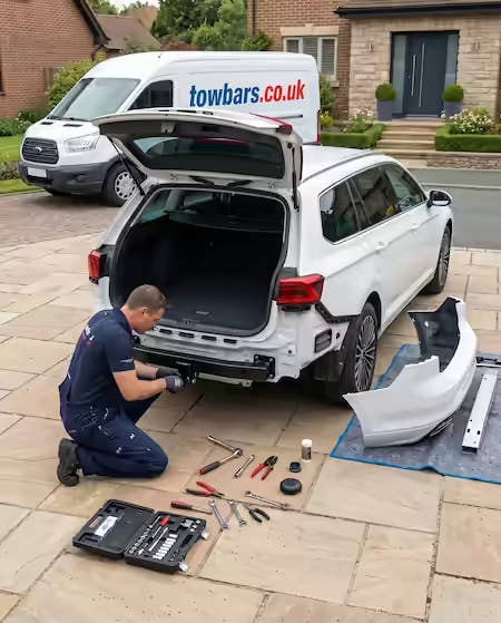 Towbars.co.uk towbar fitter installing a towbar on a modern vehicle