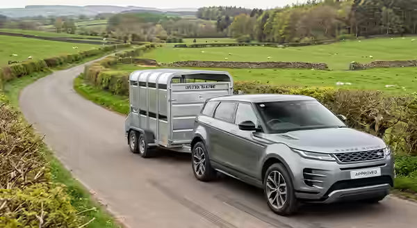 Silver Range Rover car towing a livestock trailer on a rural road