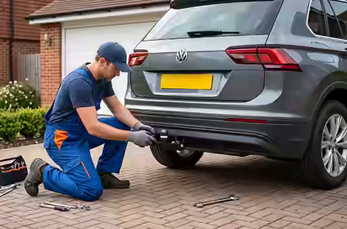 Mobile towbar fitter installing a towbar on a Volkswagen 