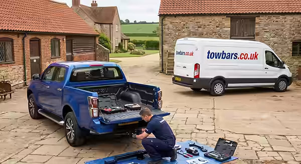 A towbar being installed on an Isuzu pickup by a towbars.co.uk mobile towbar fitter