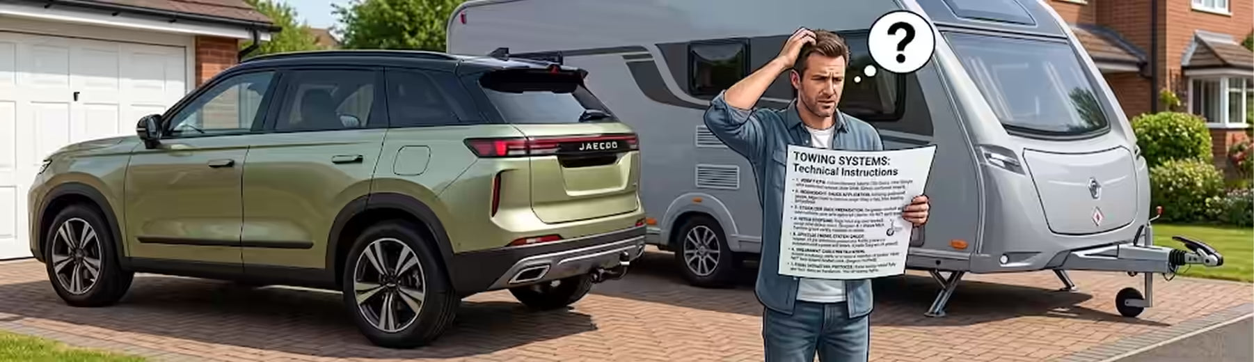 Man next to a car with towbar and caravan reading a complicated instruction sheet filled with technical jargon