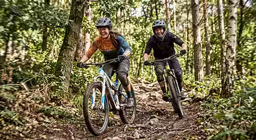 Two mountain bikers riding down a forest trail
