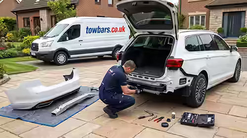 A towbars.co.uk towbar fitter installing a towbar on a home driveway