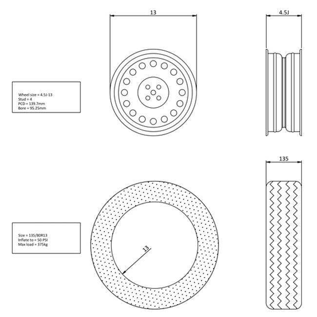 Maypole Trailer Wheel & Tyre - 135 R13 130mm PCD - Towsure